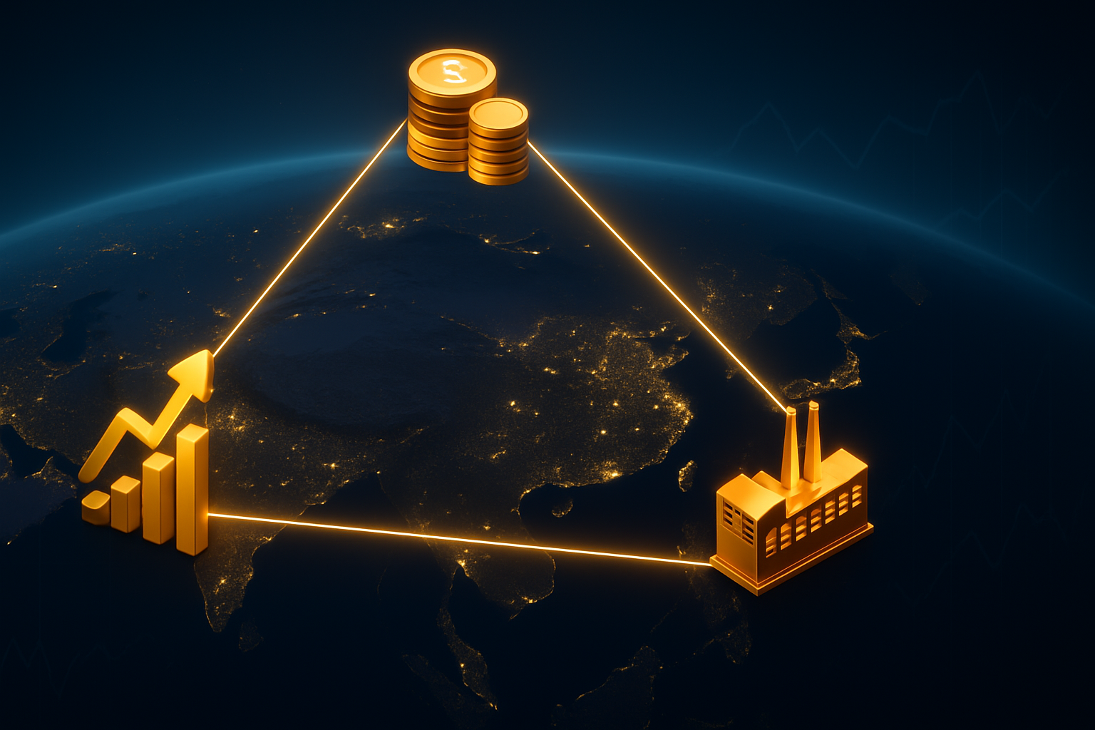 semi-abstract banner showing a glowing triangle linking currency, interest rates, and economic growth icons over a night map of asia, representing the impossible trinity faced by central banks