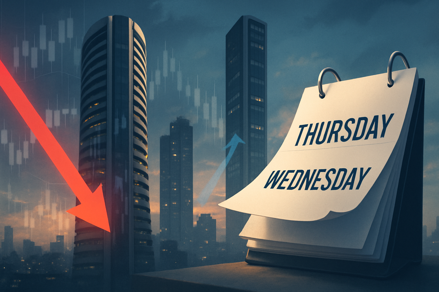 illustration of twin stock-exchange buildings, a falling red arrow and a mid-week calendar page highlighting the impact of nse’s expiry date change on bse shares