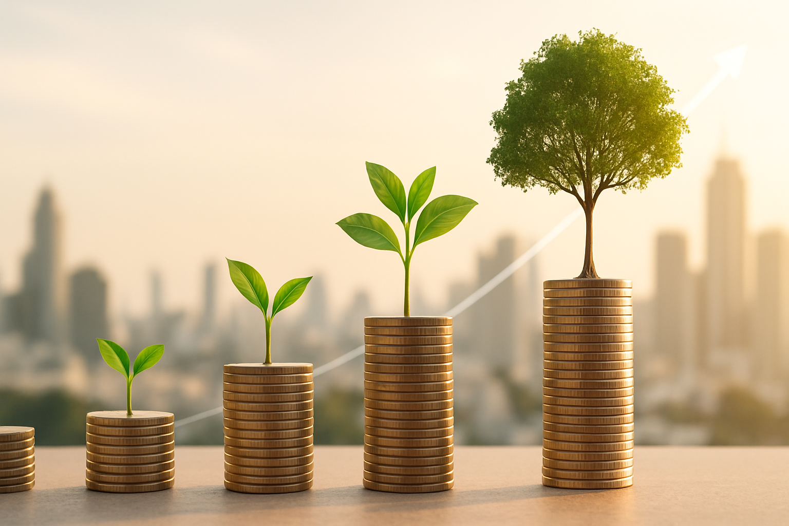Wide banner illustration of ascending coin stacks evolving into trees and a city skyline with an upward arrow, symbolizing the compound effect and wealth growth