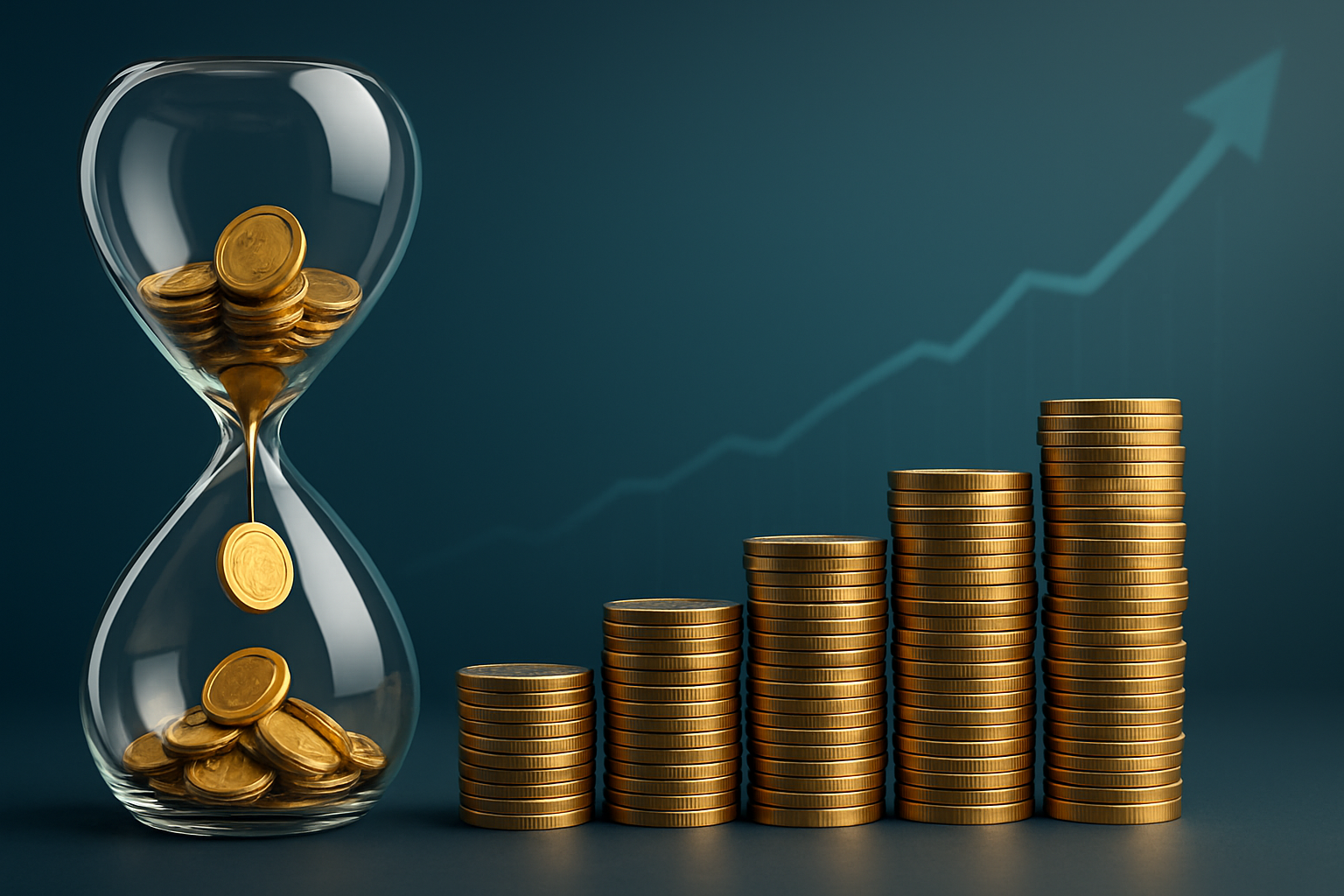 hourglass spilling coins onto a rising stack with an upward line chart in the background, depicting long-term compounding returns