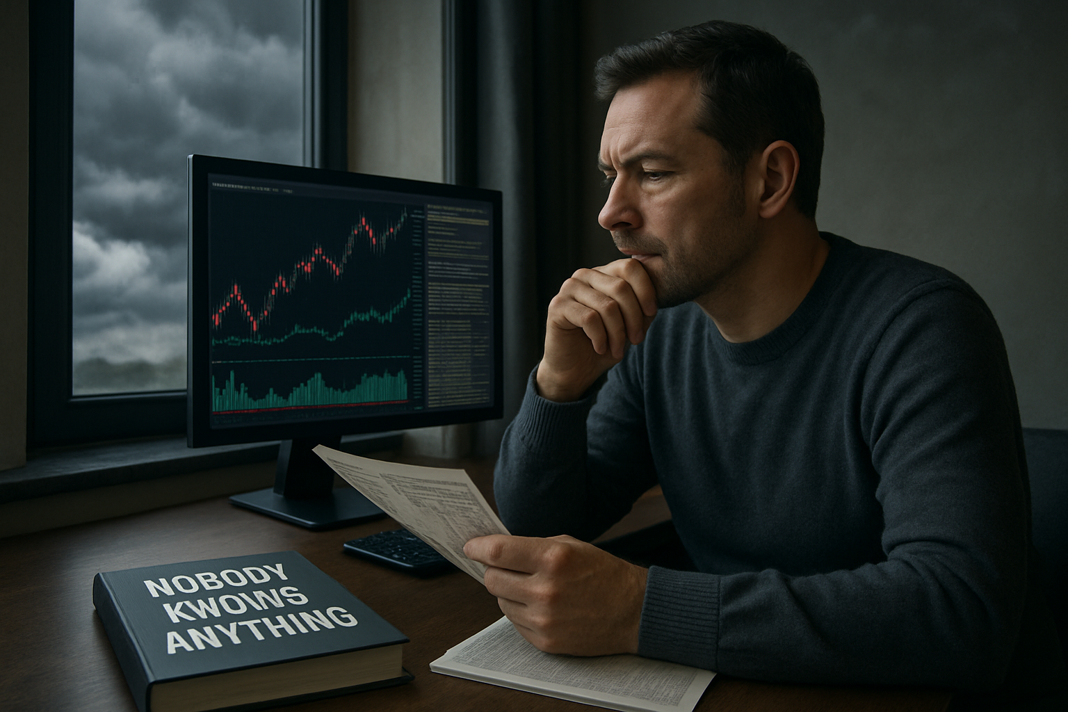 A realistic, high-resolution image showing a thoughtful investor analyzing stock charts and financial news at a desk, with stormy clouds outside the window symbolizing market uncertainty. Include a closed book titled 'Nobody Knows Anything' and a sense of calm focus, highlighting independent and contrarian thinking.
