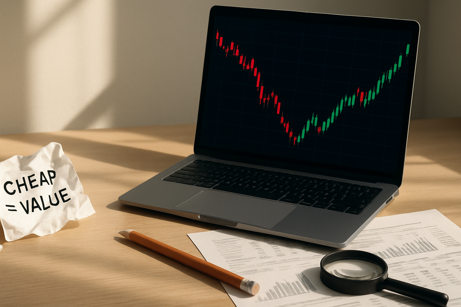 horizontal still-life of a desk with discarded myth notes and laptop displaying diverging stock charts, illustrating investment misconceptions