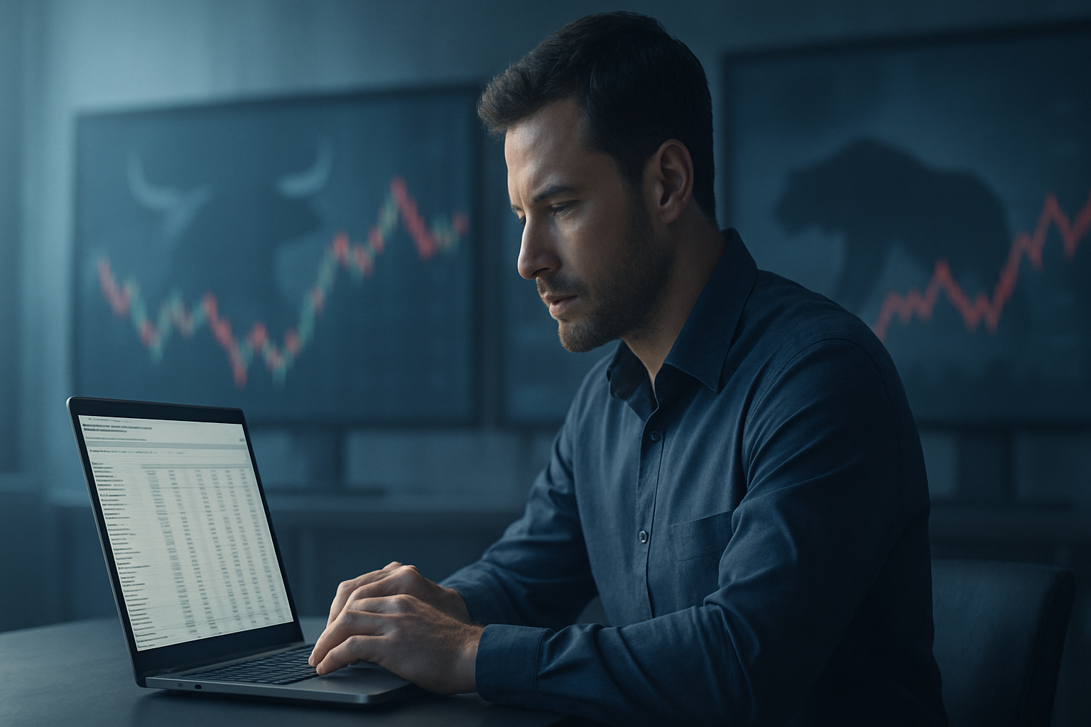 illustration of a composed investor analysing valuation data while volatile stock charts move in the background, depicting emotional discipline in value investing