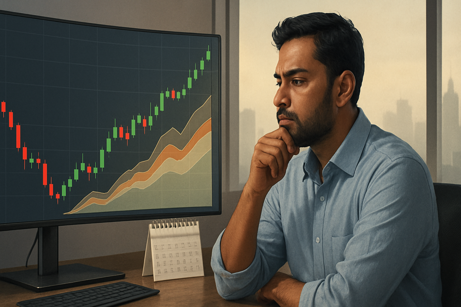 illustration of an indian investor reviewing declining and recovering stock charts and mutual fund data on a computer screen, symbolizing strategies for market volatility