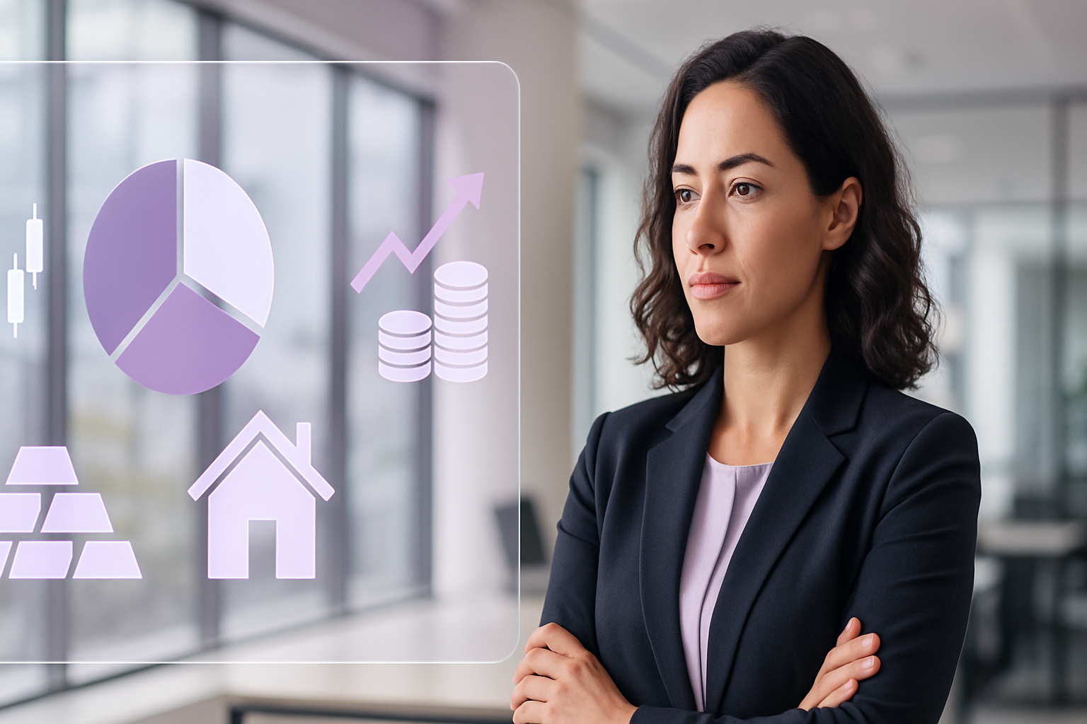 Realistic illustration of a professional woman reviewing stocks, mutual funds, gold, and real-estate icons on a digital dashboard, symbolizing women’s financial empowerment.
