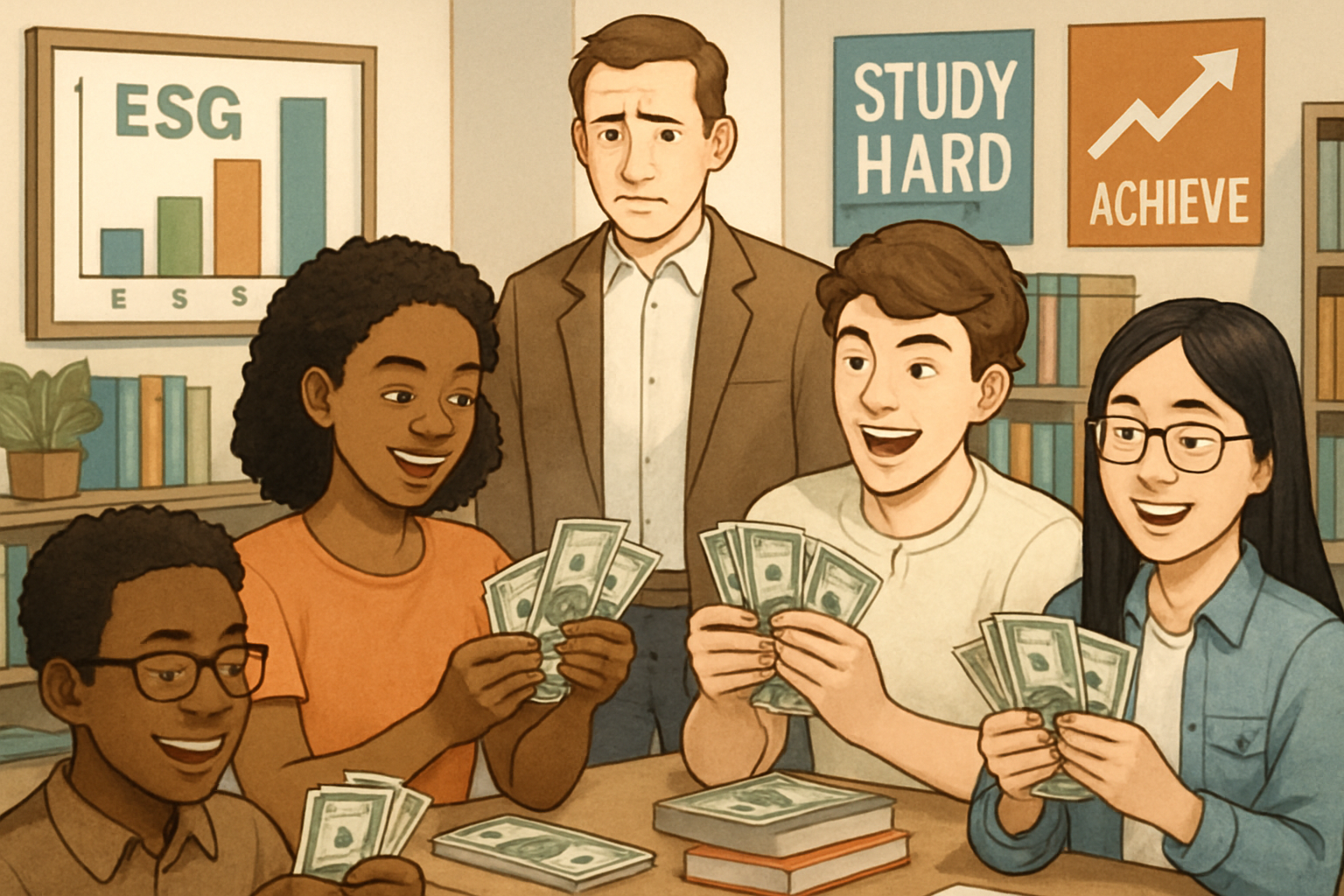 A diverse group of students in a modern classroom is shown receiving cash rewards for academic achievements, with a teacher looking concerned. Visual cues such as charts displaying ESG metrics, books, and motivational posters highlight the intersection of education, finance, and ethics. The atmosphere suggests both progress and ethical questioning.