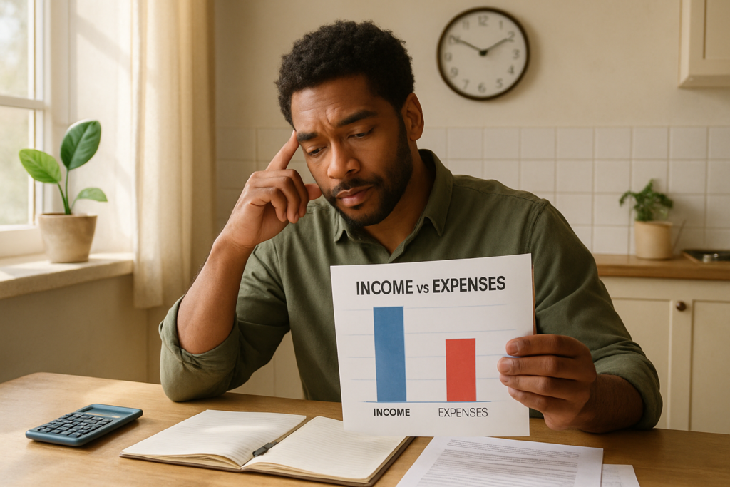 A realistic scene of a diverse adult reflecting while reviewing personal finances at a sunlit kitchen table, displaying a clear chart showing income versus expenses. Subtle symbols of balance, such as a clock and a growing plant, illustrate the harmony between money, time, and life satisfaction.