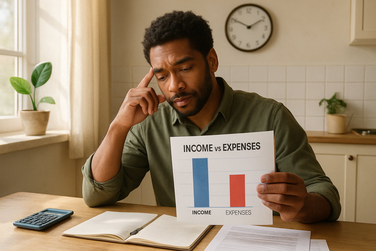 A realistic scene of a diverse adult reflecting while reviewing personal finances at a sunlit kitchen table, displaying a clear chart showing income versus expenses. Subtle symbols of balance, such as a clock and a growing plant, illustrate the harmony between money, time, and life satisfaction.