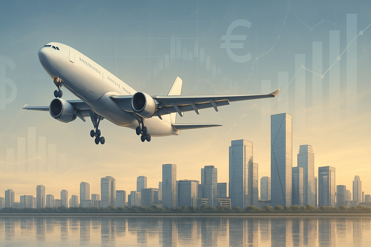 Illustration of a passenger jet above GIFT City’s modern skyline with faint financial charts, symbolizing India’s emerging aircraft leasing hub