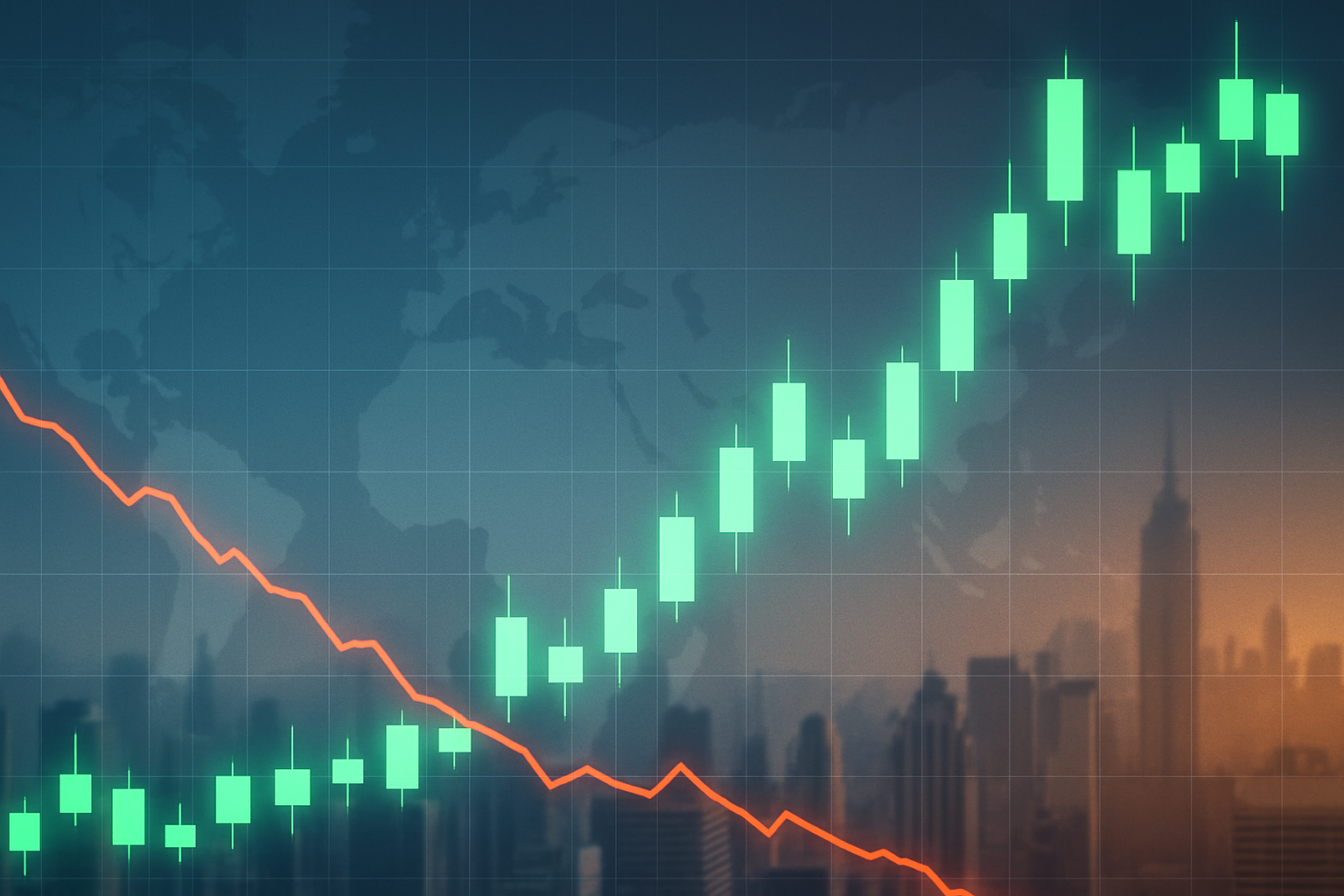 digital illustration showing rising stock charts and a spiking bond-yield line over a world map background, symbolizing global market volatility