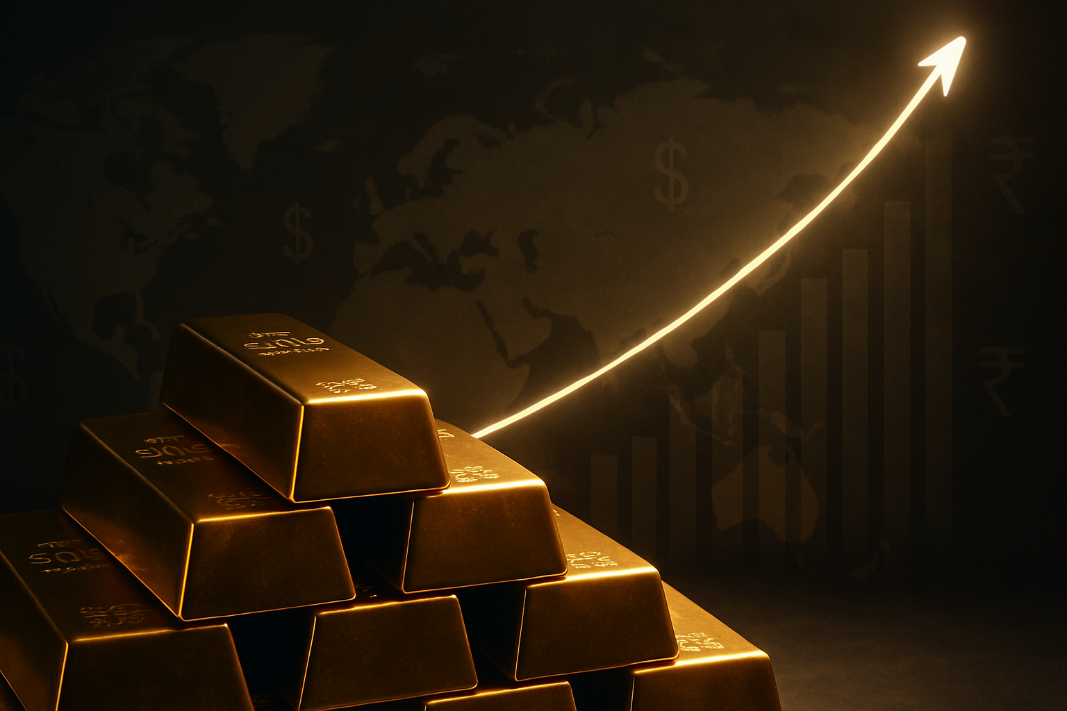 Stacked gold bars with an upward glowing market chart and world map, illustrating the global and Indian gold price surge