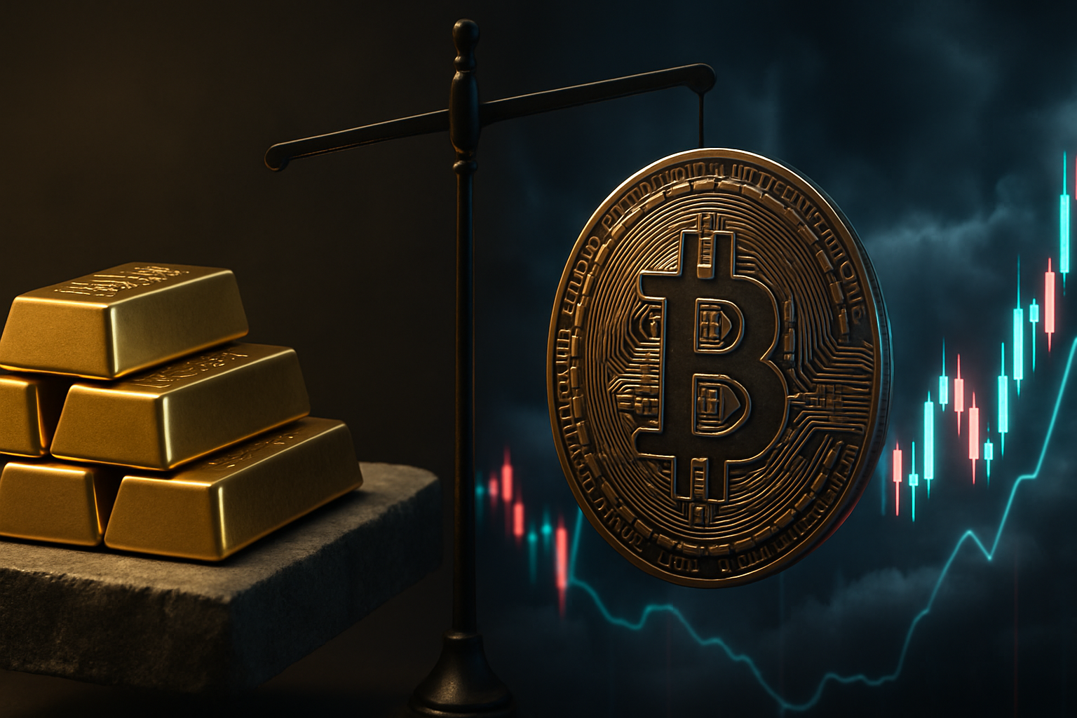 Realistic image contrasting solid gold bars with a fluctuating Bitcoin coin and jagged price chart, illustrating safe-haven stability versus cryptocurrency volatility in 2025