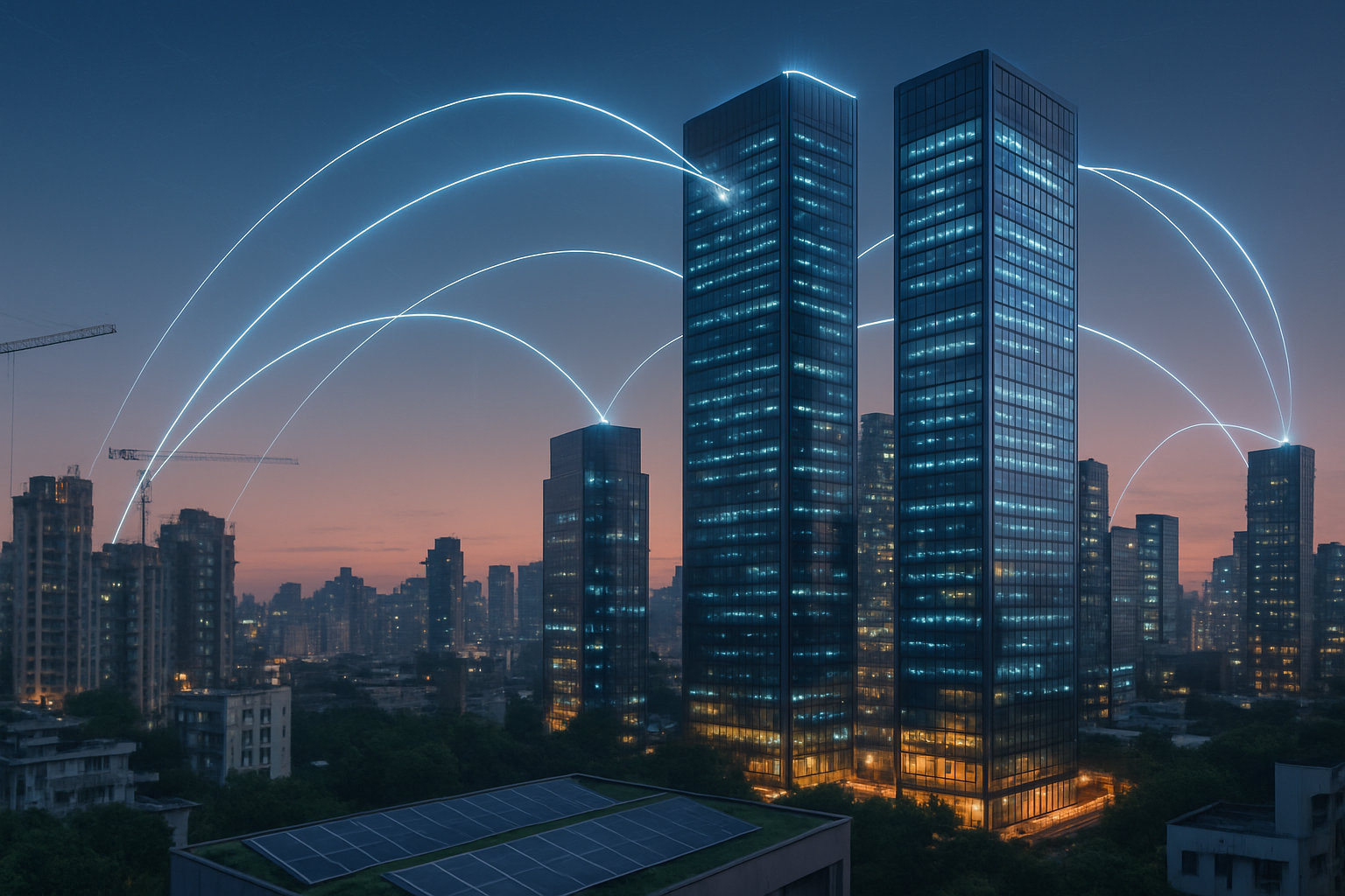 Panoramic illustration of an Indian city skyline with illuminated data centers, fiber-optic light paths, and construction cranes symbolizing rapid digital infrastructure growth
