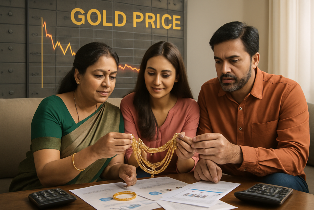 Home 33 A realistic image of an Indian family evaluating gold jewelry at home, with financial documents and calculators on the table, set against a backdrop of fluctuating gold price charts and closed bank deposit boxes, illustrating the end of a government-backed gold scheme.