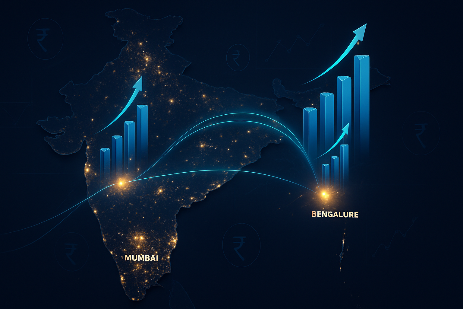 Illustrated night map of India highlighting Mumbai, Delhi and Bengaluru with glowing bar charts and arrows representing 2024 mutual fund growth