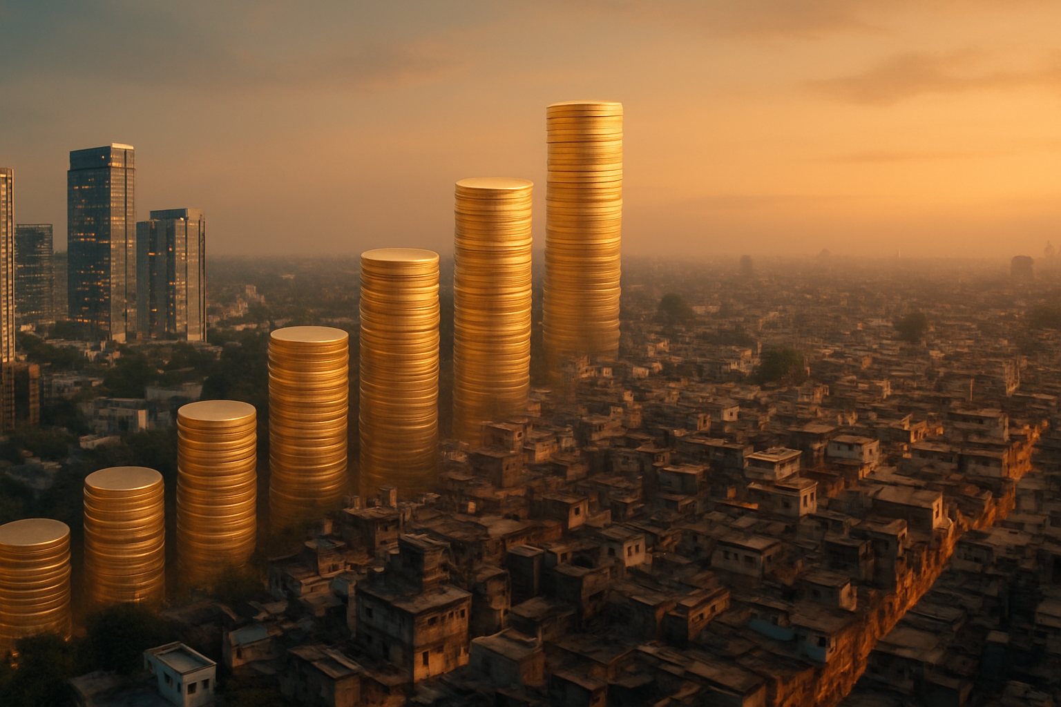 Panoramic illustration juxtaposing upscale high-rises with crowded housing and rising coin stacks to depict India’s middle-class income gap