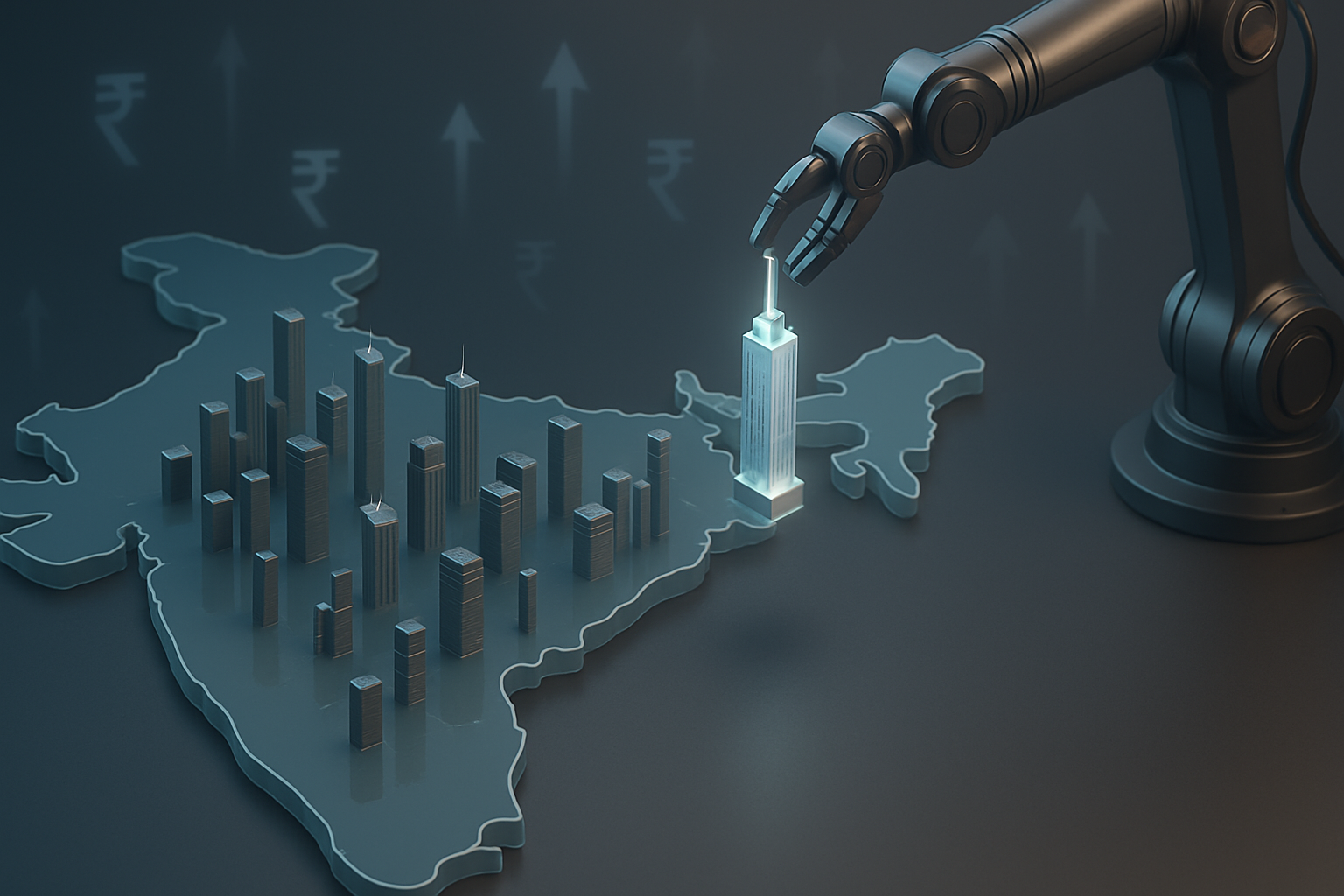Illustration of a glass India map with tall and small finance towers being added, representing new AMCs challenging dominant mutual fund players