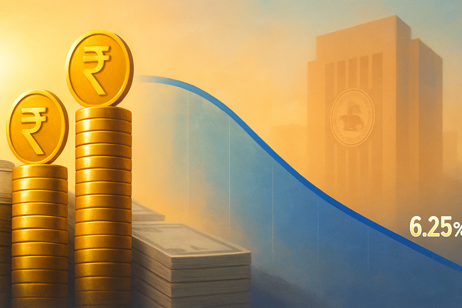 illustration showing rising indian government bond prices, a downward sloping yield curve, and the reserve bank of india in the background