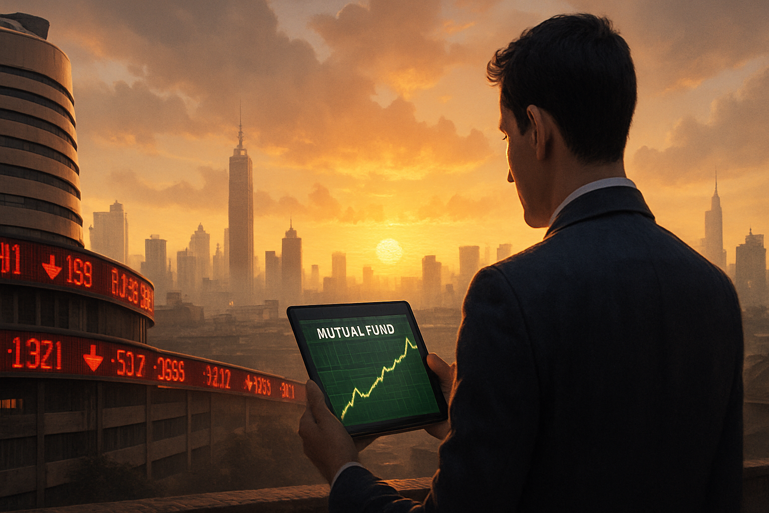 realistic banner showing red falling stock tickers over mumbai’s skyline while an investor reviews a rising mutual fund chart on a tablet, illustrating opportunity amid market chaos