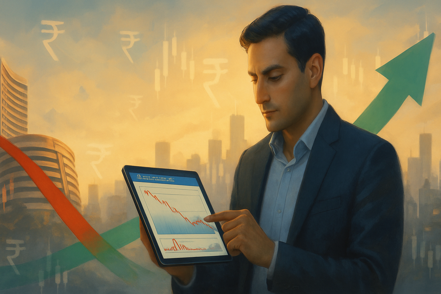 illustration of an investor reviewing equity mutual fund charts as a red downward arrow turns green upward against the mumbai skyline