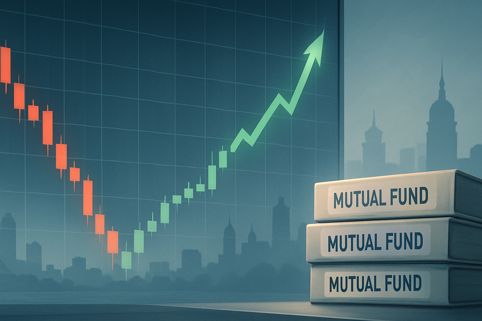Illustration of an Indian stock chart dipping then rising beside diversified mutual fund folders, symbolizing strategic investing in a downturn