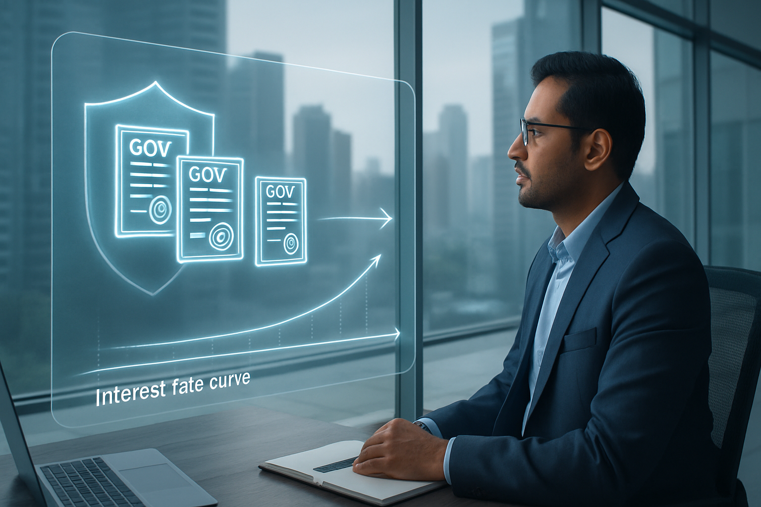Illustration of an insurance professional reviewing digital bond forward charts to hedge interest-rate risk