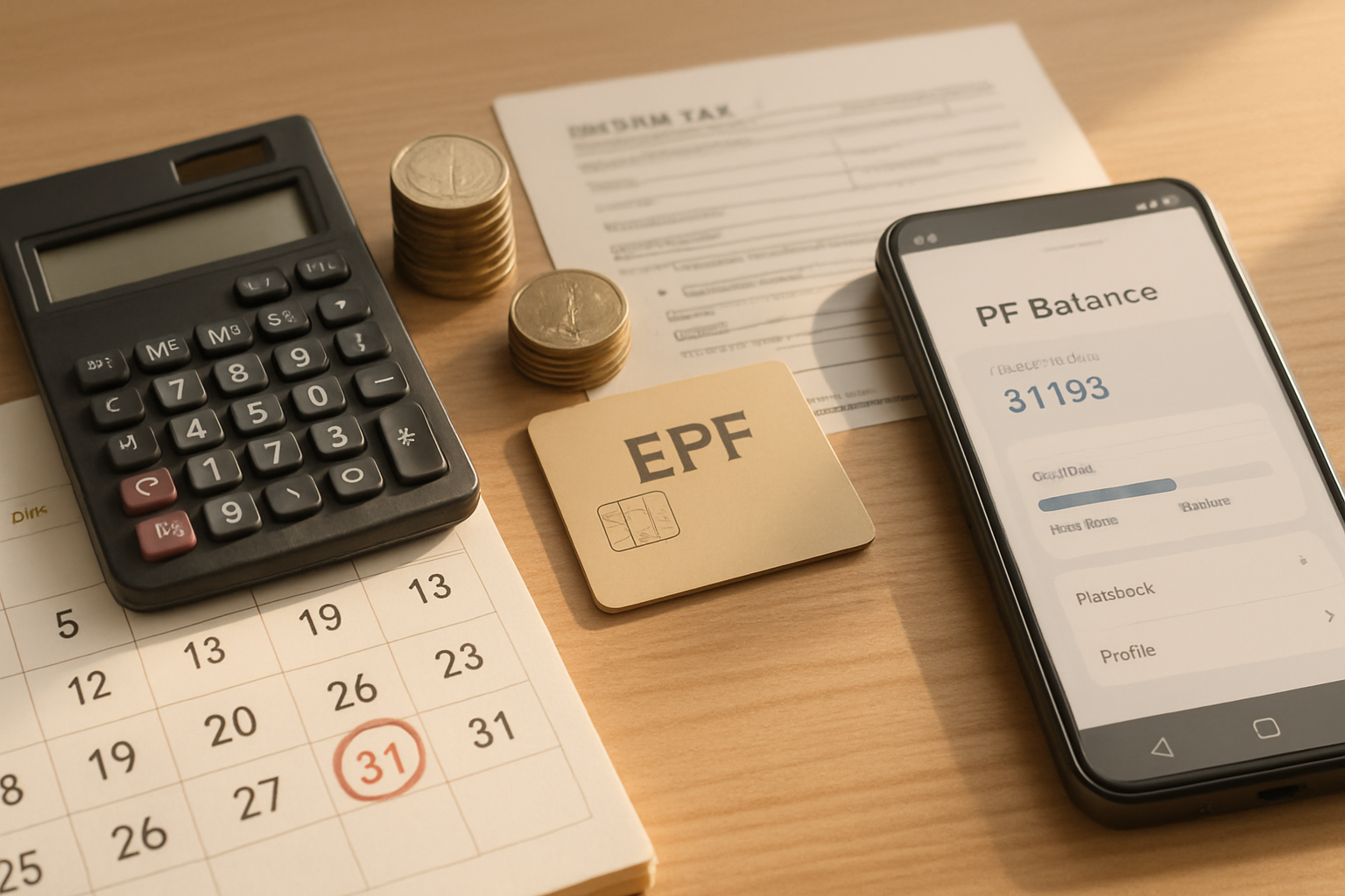 realistic desk scene with a circled march 31 2025 calendar, epf card, tax documents, coins and calculator symbolising upcoming indian financial deadlines