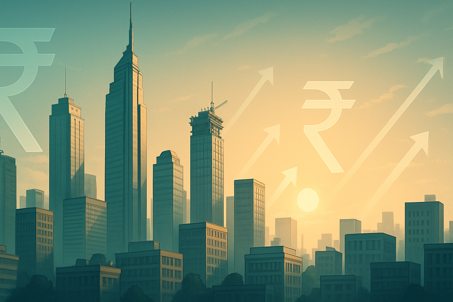 Illustration of India’s evolving mutual fund landscape with rising arrows, rupee symbols, and a blend of large and small financial buildings representing growing competition under MF Lite rules