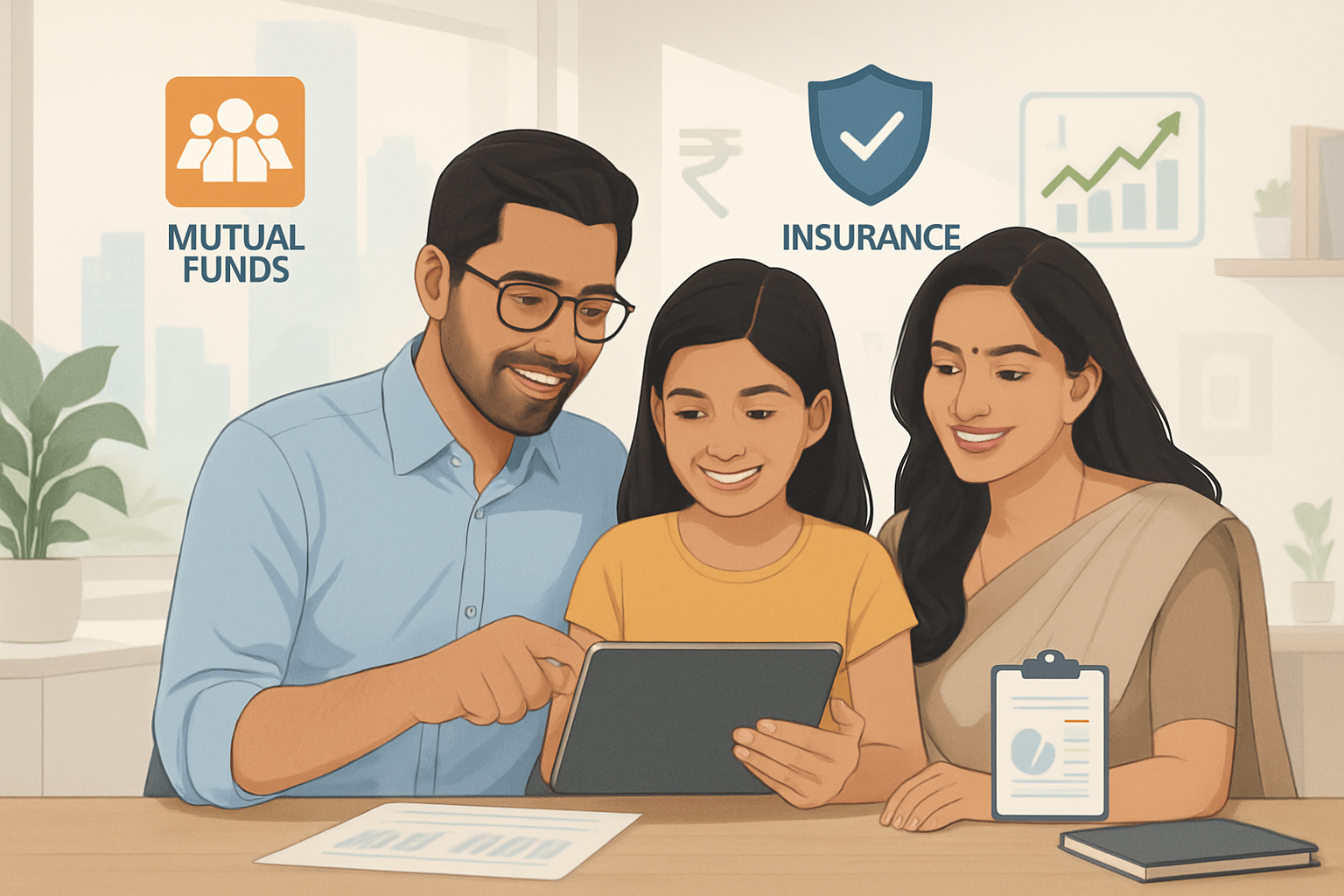A modern, professional Indian family reviews their financial portfolio using a digital tablet in a bright, contemporary home office. Visual cues represent mutual funds, insurance policies, stock charts, and financial planning tools. Subtle Indian currency and city skyline elements hint at prosperity, innovation, and financial security.
