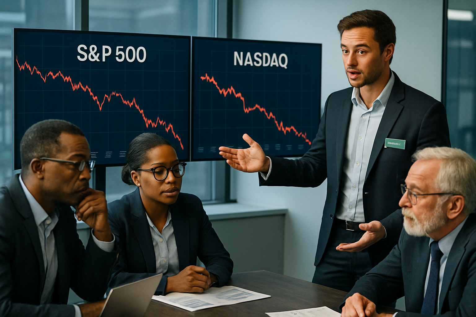 A realistic scene of a diverse group of professional investors analyzing dynamic stock market charts with visible S&P 500 and Nasdaq index declines, set in a modern financial office, while a MintByte advisor offers guidance, highlighting resilience and strategic decision-making during market turbulence.