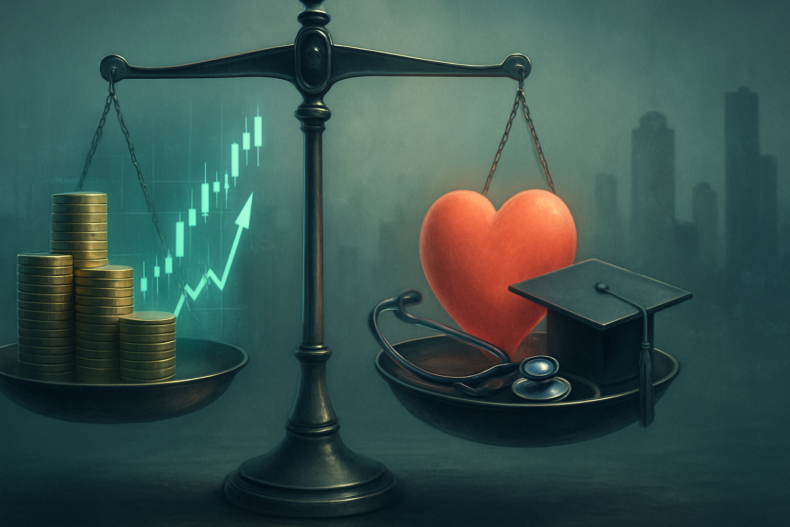 horizontal banner depicting a balance scale with coins on one side and symbols of healthcare and education on the other, representing the ethical limits of market forces