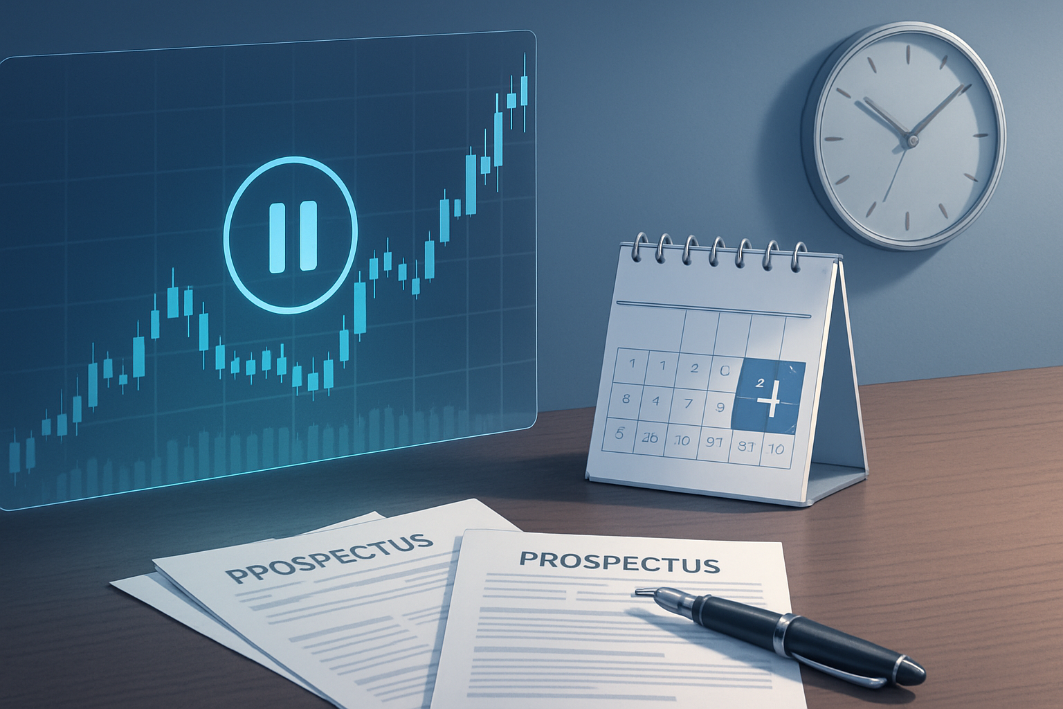 Illustration of NSDL IPO delay with paused stock chart, shifted calendar, and financial paperwork on a desk