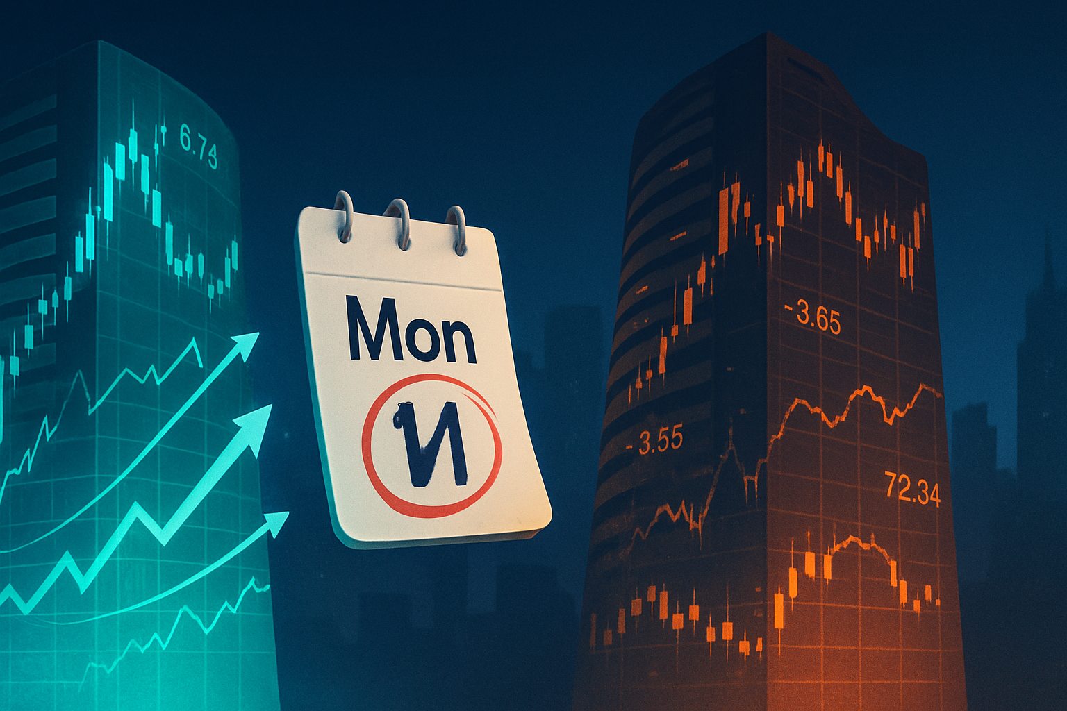 Illustration of competing Indian stock exchanges with digital charts and a Monday calendar cue, representing NSE’s new options expiry strategy versus BSE.
