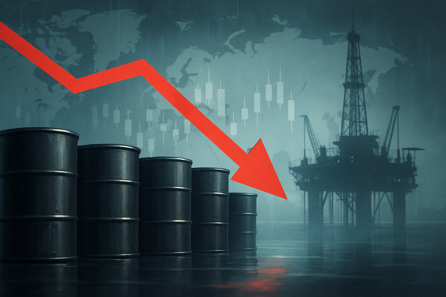 Illustration of oil barrels with a red downward arrow against global stock charts, symbolizing falling oil prices and market turbulence