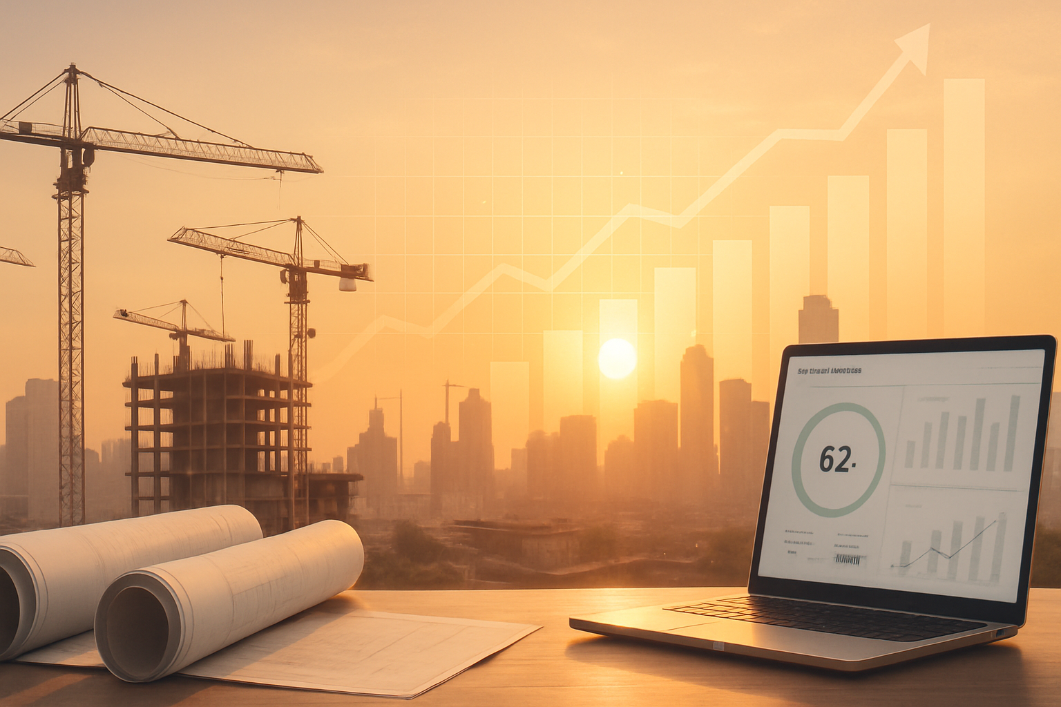 Illustration of construction cranes over a city skyline with transparent financial charts, representing private credit boosting real estate development in 2024