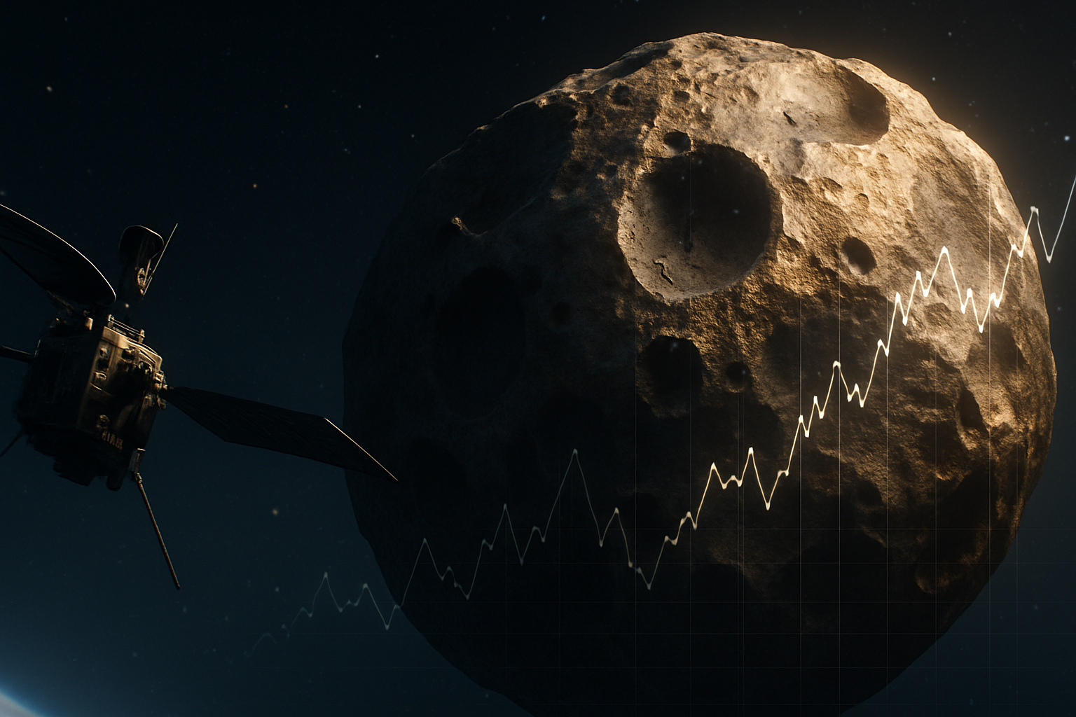 Illustration of NASA’s spacecraft surveying metallic asteroid 16 Psyche with faint financial graphs, symbolizing future space-mining investments