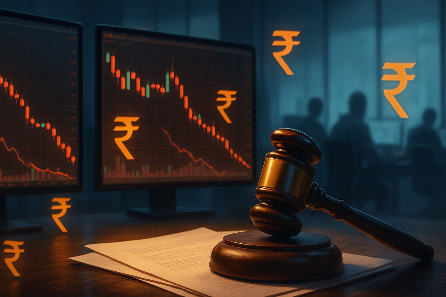Trading screens with falling candlestick charts, rupee symbols, and a gavel representing SEBI’s 2024 derivative rules and their impact on brokerages