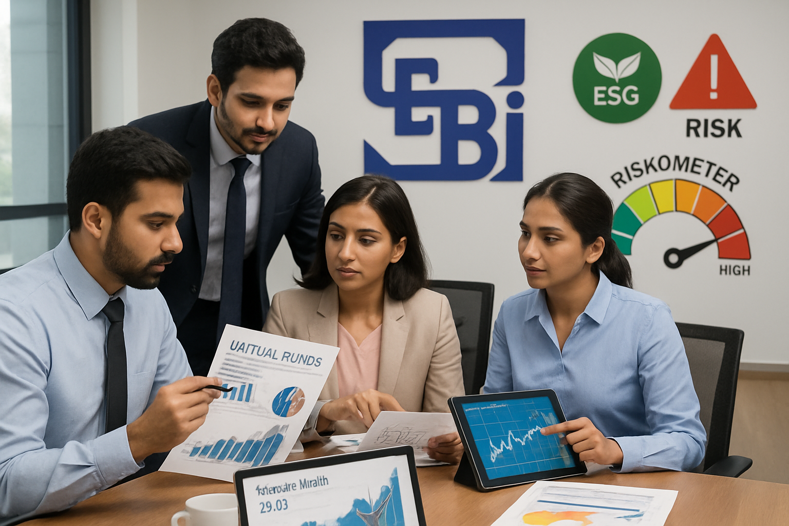 A modern Indian office setting with professionals analyzing financial documents and digital charts showing mutual fund data. In the background, a clear visual of the SEBI logo, compliance documents, ESG and risk indicators, and a digital risk-o-meter. The atmosphere should reflect regulatory transparency and investor protection, focusing on clarity, professionalism, and finance trends in 2025.