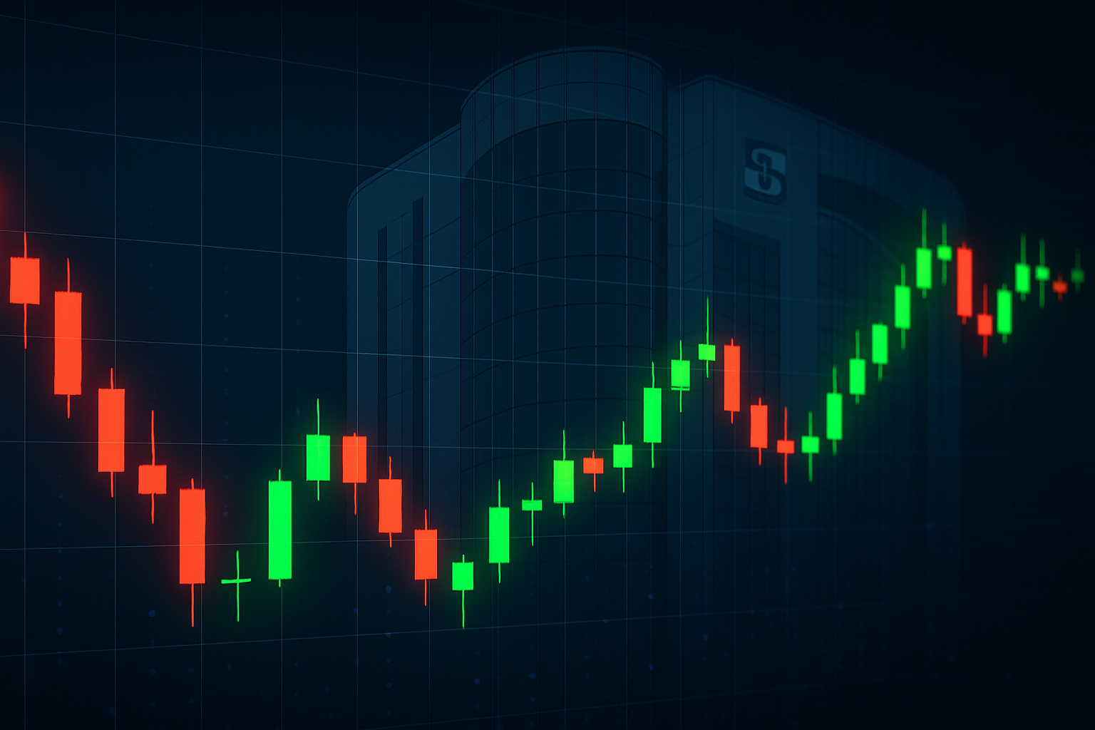Illustration of red and green candlestick charts with a faint SEBI building outline symbolizing India’s new short-selling regulations