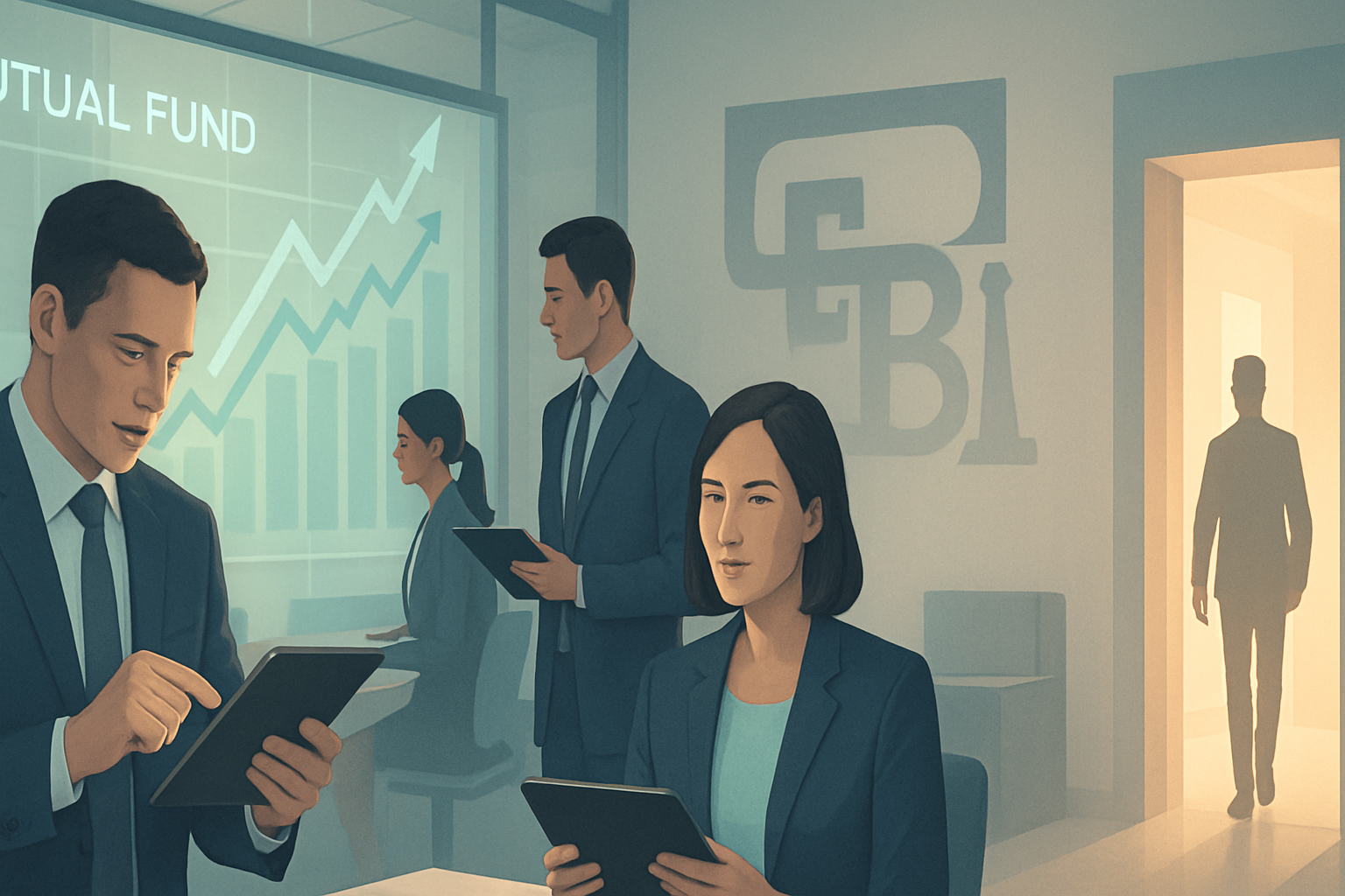 Illustration of finance professionals in a mutual fund office reviewing rising fund charts, symbolizing SEBI’s relaxed skin-in-the-game rules and new talent opportunities