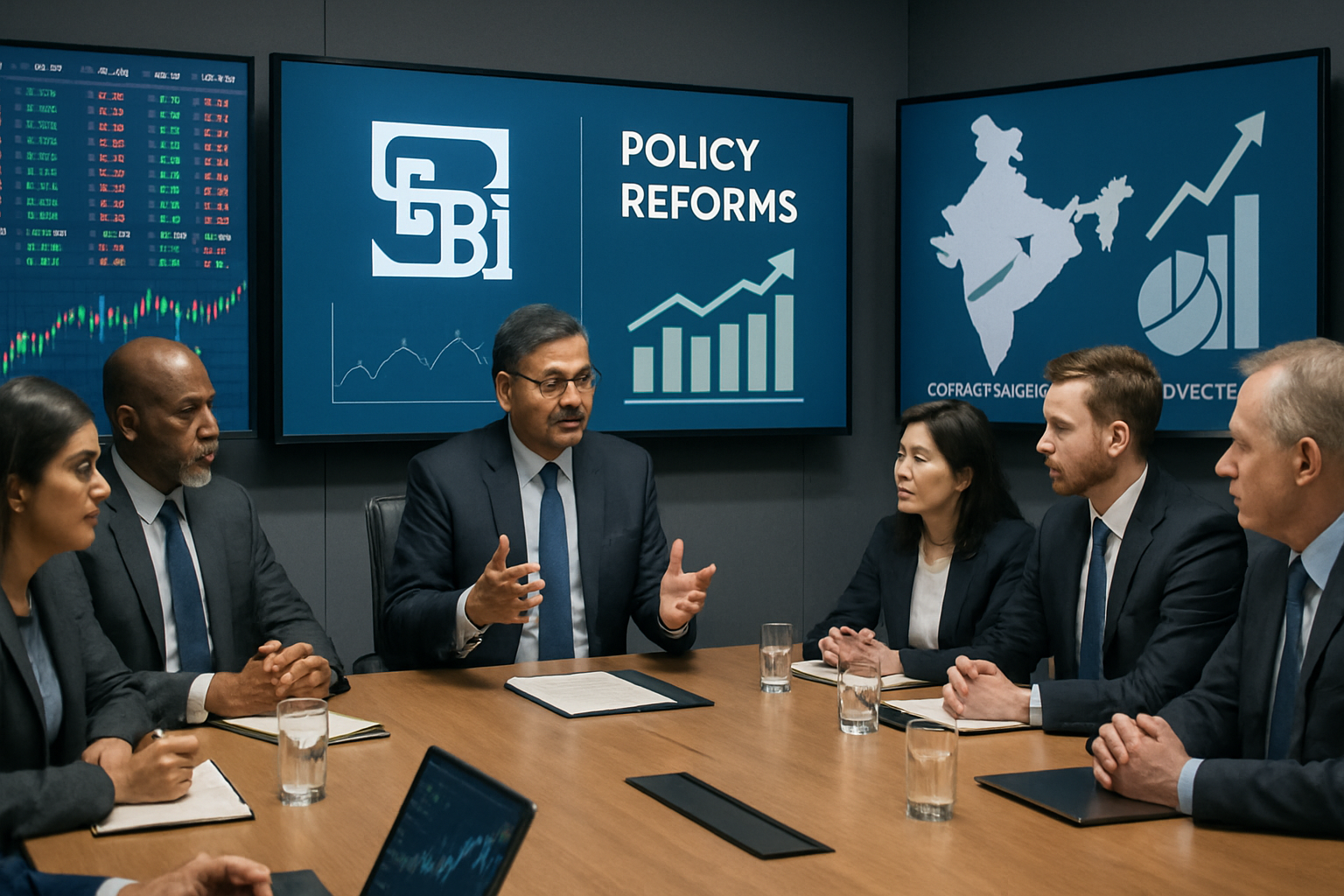 A realistic boardroom scene showing the SEBI chairman discussing policy reforms with diverse financial experts, digital screens displaying stock market data, and charts symbolizing transparency and foreign investment in India’s financial market.