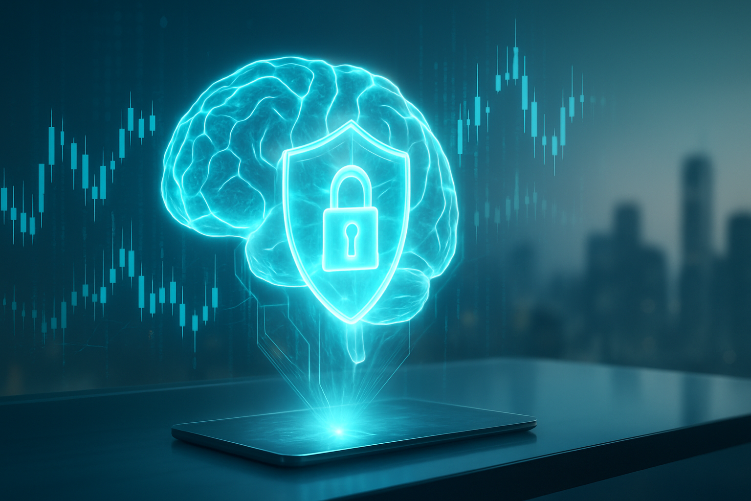 illustration of a holographic ai shield analyzing encrypted financial charts in a corporate setting