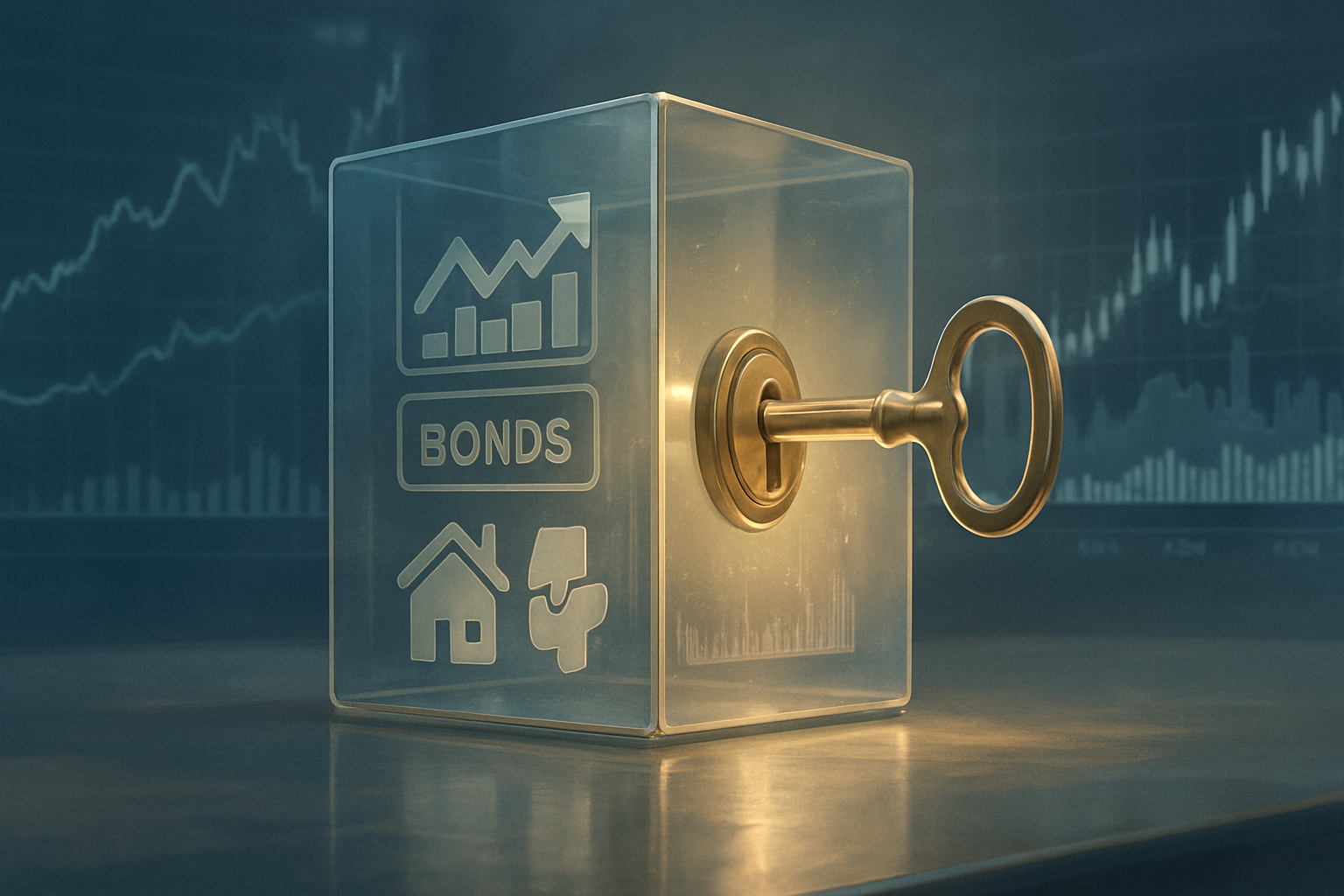 Illustration of a golden key unlocking a transparent cube containing diverse financial assets, symbolizing SEBI’s new specialised investment funds