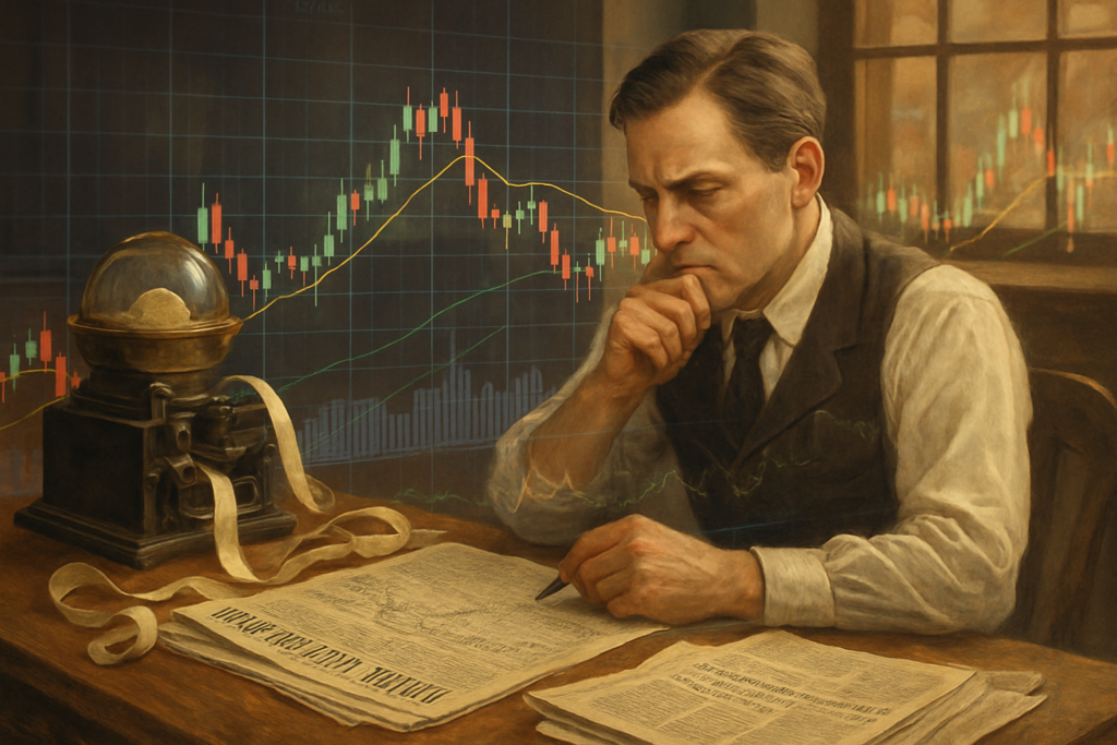 A realistic illustration of a vintage stock trading desk from the early 20th century, with an old ticker tape machine, financial newspapers, and a thoughtful investor analyzing market trends. Modern digital charts subtly overlay the scene, blending past and present investment eras, with warm, natural lighting.
