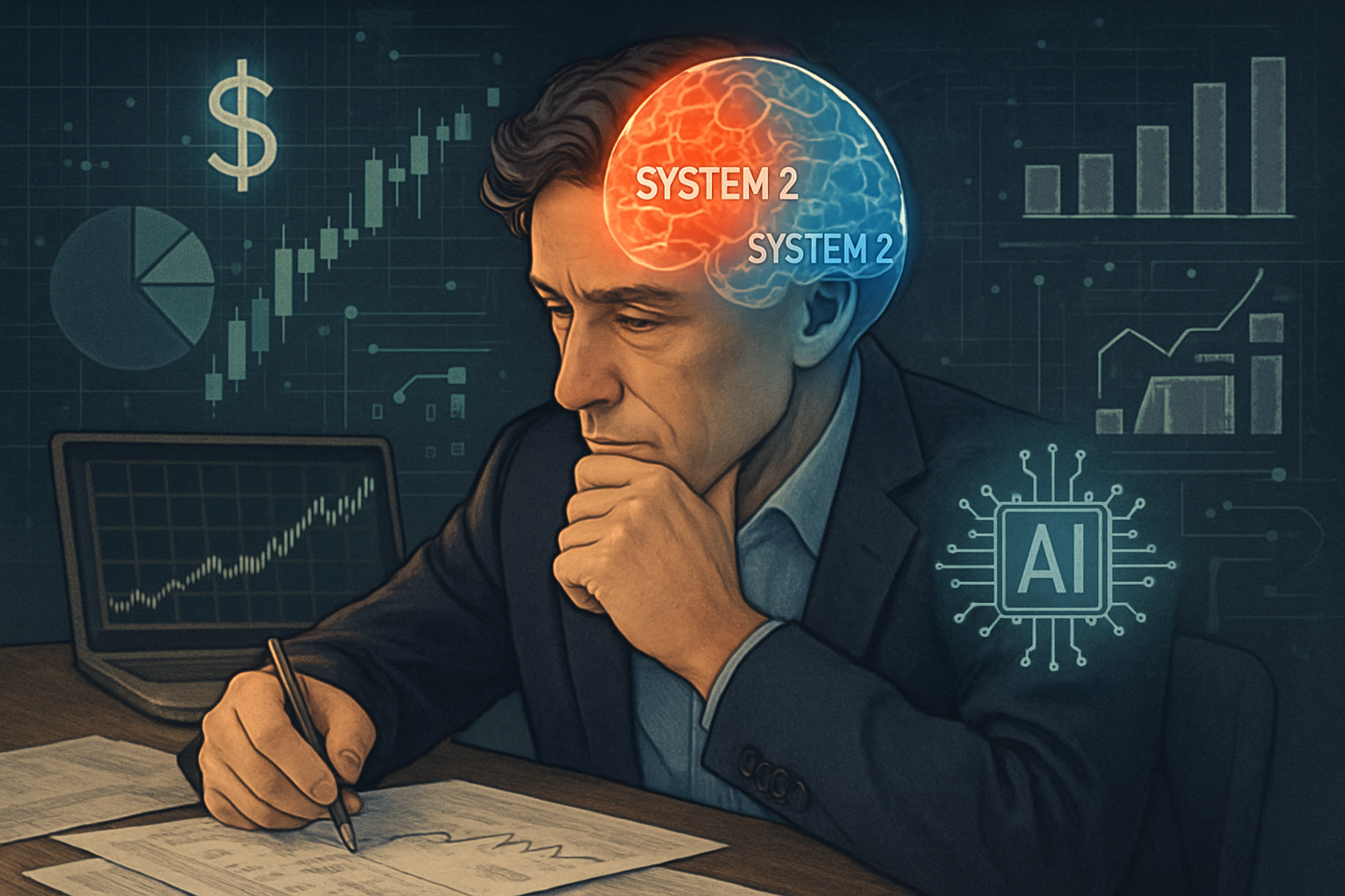 A realistic illustration showing a thoughtful investor at a desk analyzing financial charts and data with one side of their brain highlighted as fast and impulsive (System 1), and the other side as deliberate and analytical (System 2), surrounded by digital elements symbolizing AI-driven portfolio optimization.