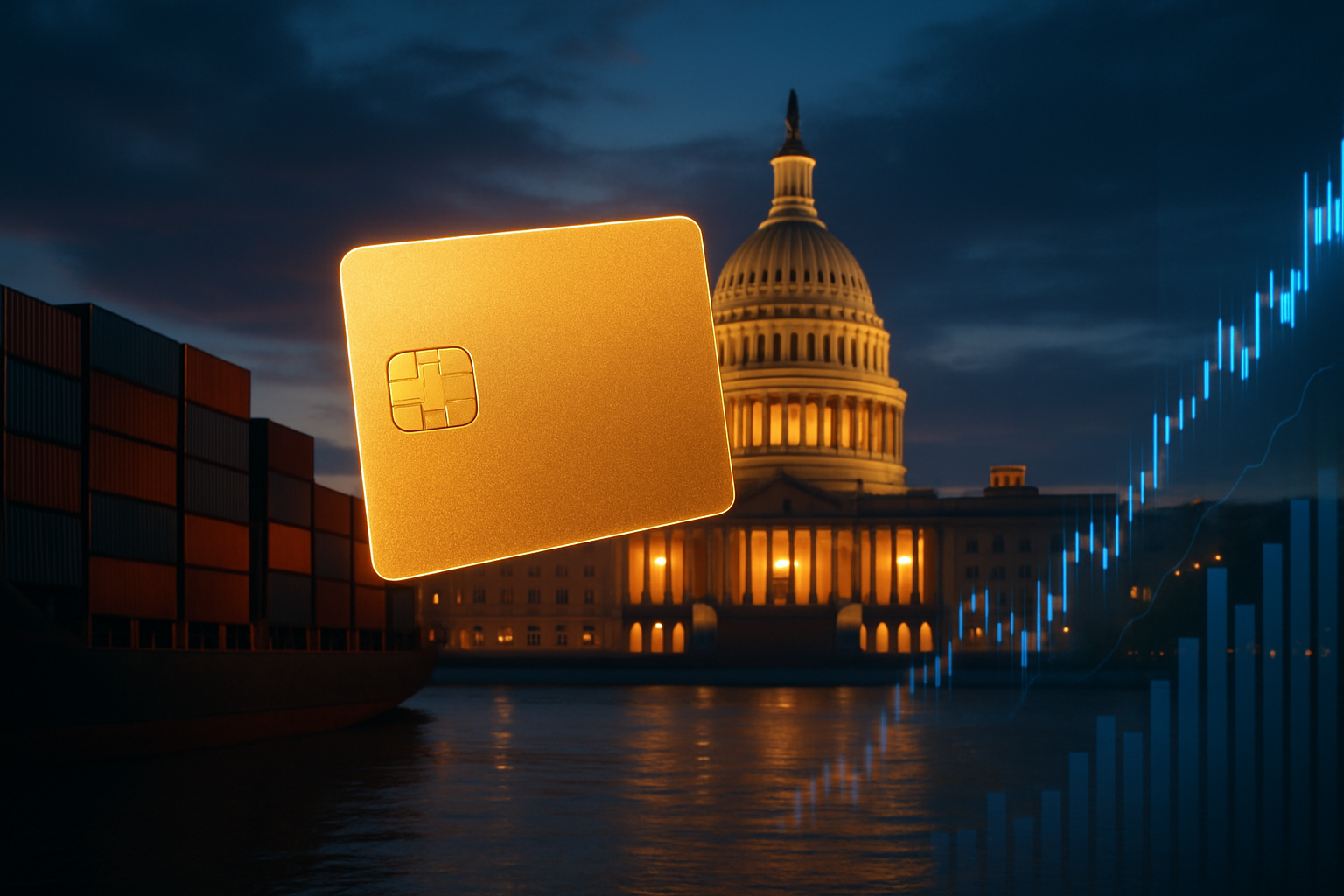 illustration of the u.s. capitol with a golden visa card, cargo containers, and rising stock charts symbolizing tariff and investment policies