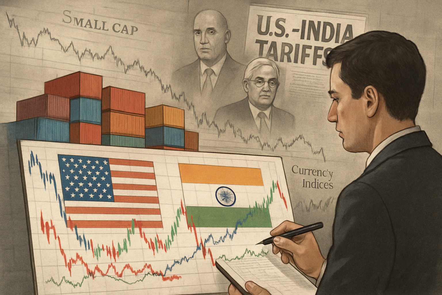 A realistic illustration of a financial analyst reviewing stock charts with overlays of the US and Indian flags, shipping containers, and currency graphs. In the background, a depiction of small-cap stock indices, central bank officials, and a news headline referencing US-India tariffs to visually express trade tensions, market volatility, and economic policy in India.