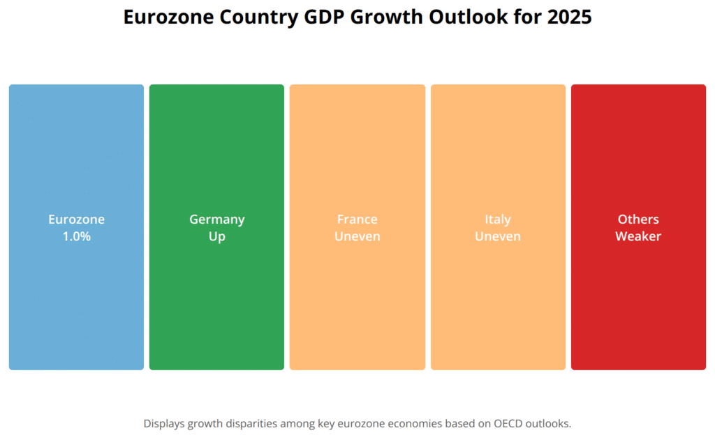 Heatmap showing GDP growth and economic outlooks for Eurozone countries in 2025