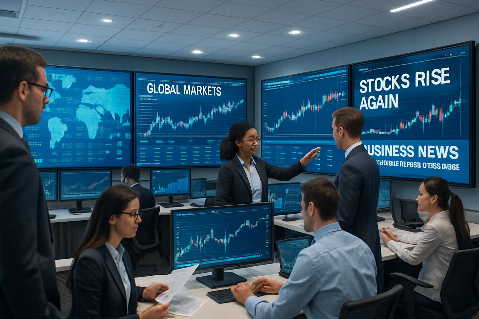 A modern newsroom filled with professionals analyzing financial data on large digital screens, with global business charts, stock market graphs, and prominent news headlines in the background, bright contemporary office lighting, realistic style.