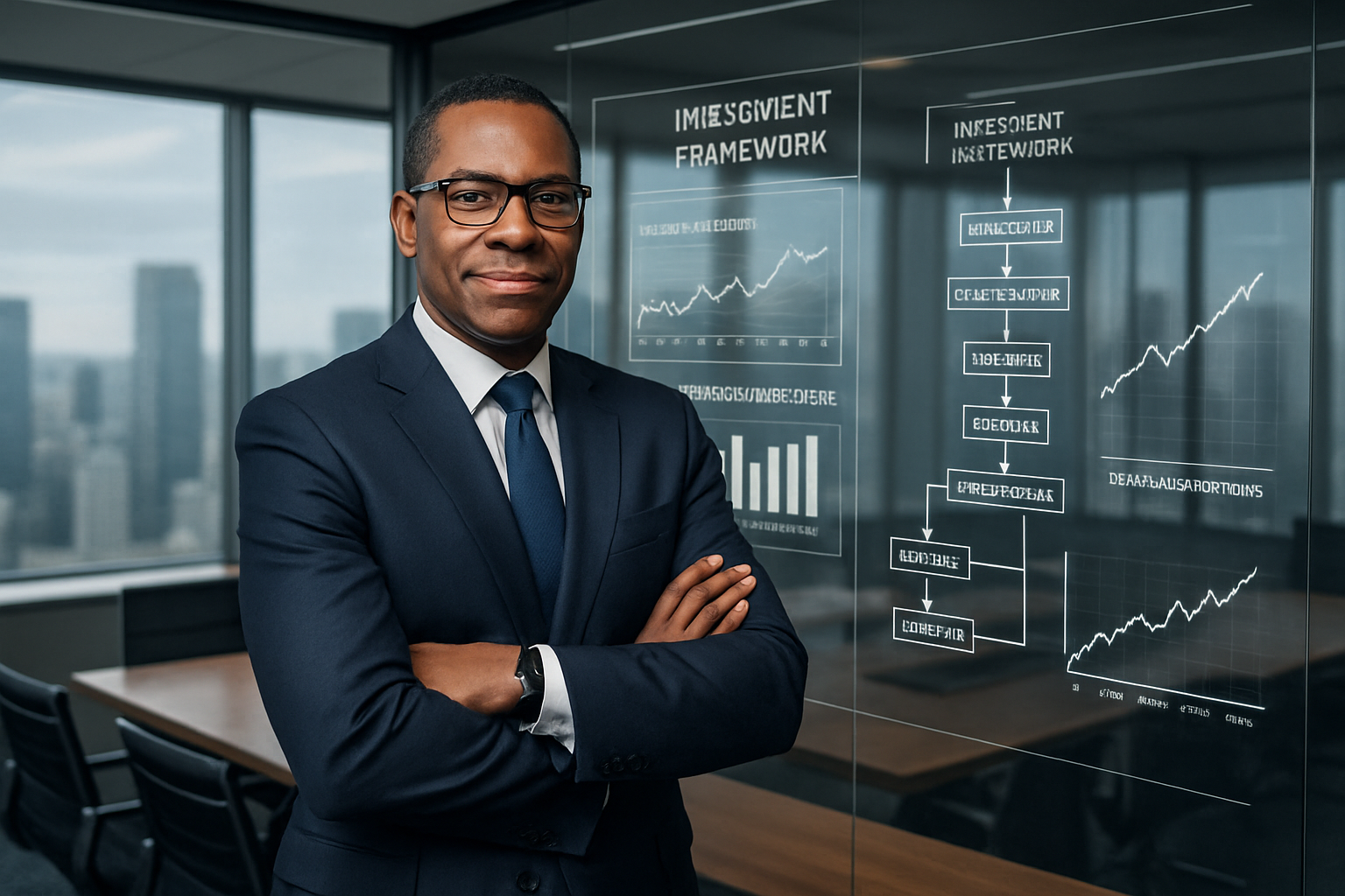 A confident Chief Investment Officer standing in a modern boardroom, reviewing data-driven investment frameworks on a large glass wall display. The background shows financial charts, portfolios, and decision trees, symbolizing disciplined process over market speculation. Natural lighting, professional attire, and a subtle city skyline in the background.